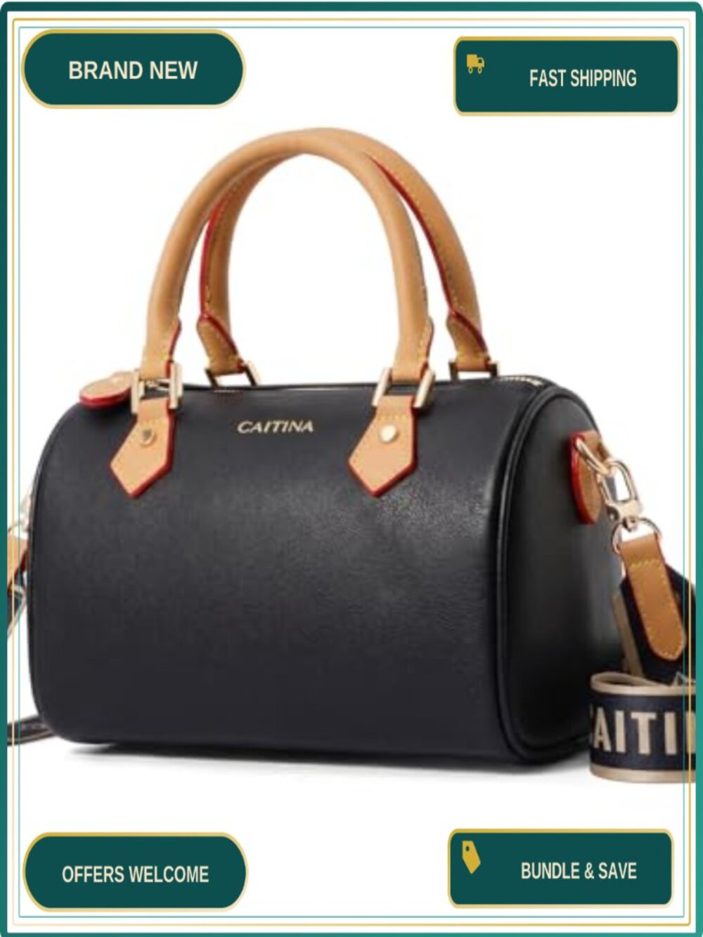Vegan Leather Boston Barrel Bag Satchel with Crossbody Strap
